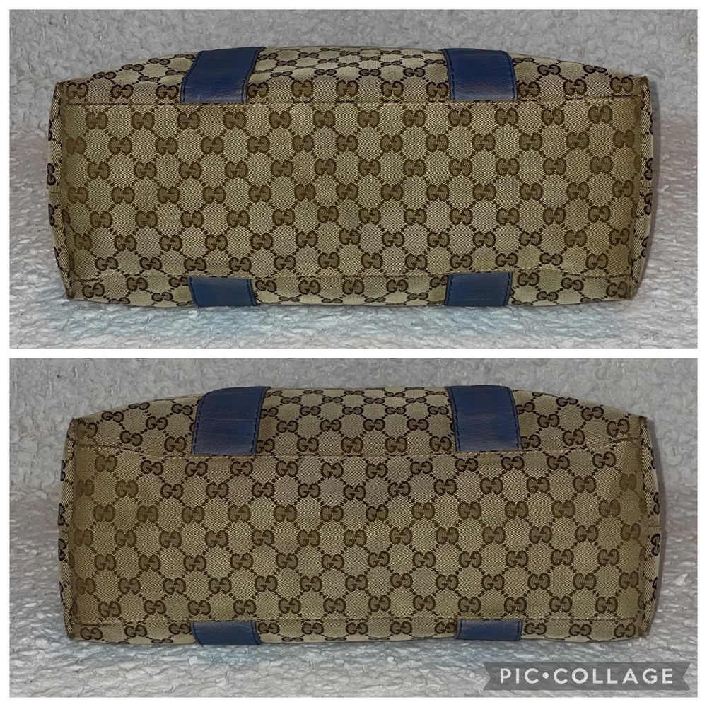 Gucci Guccissima Canvas & Sapphire Blue Leather Bamboo Large Shoulder Bag Tote - Picture 10 of 17